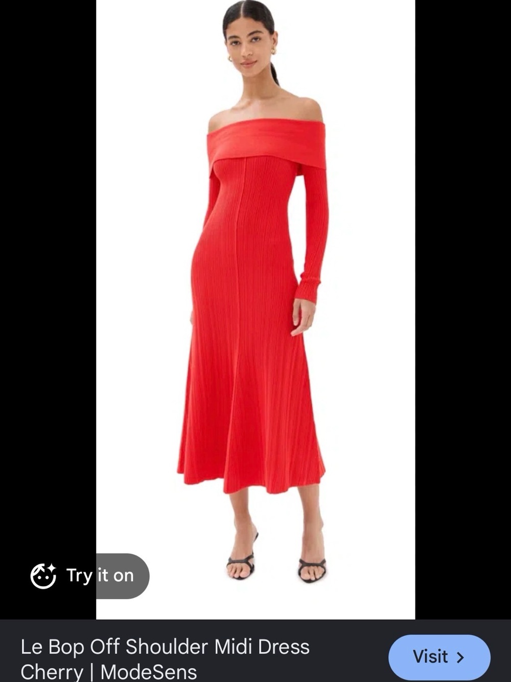 Off-Shoulder Ribbed Midi Dress in Cherry Red